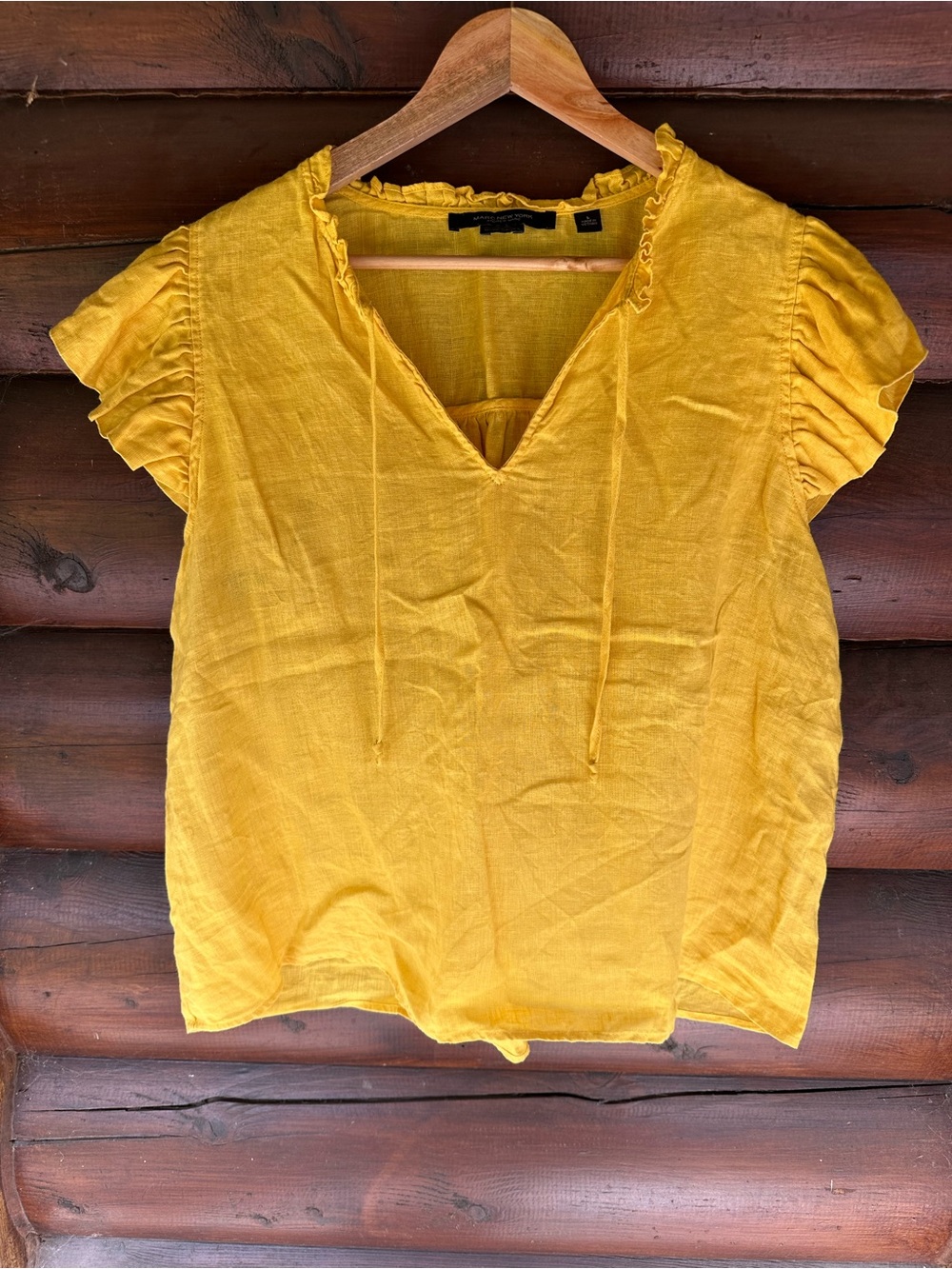 Bright Yellow Linen V-Neck Short Sleeve Top